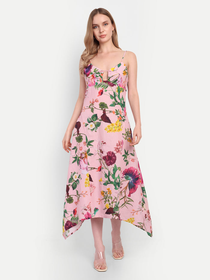 Luxury women’s pink floral Kuto midi dress with elegant flowy silhouette and premium design