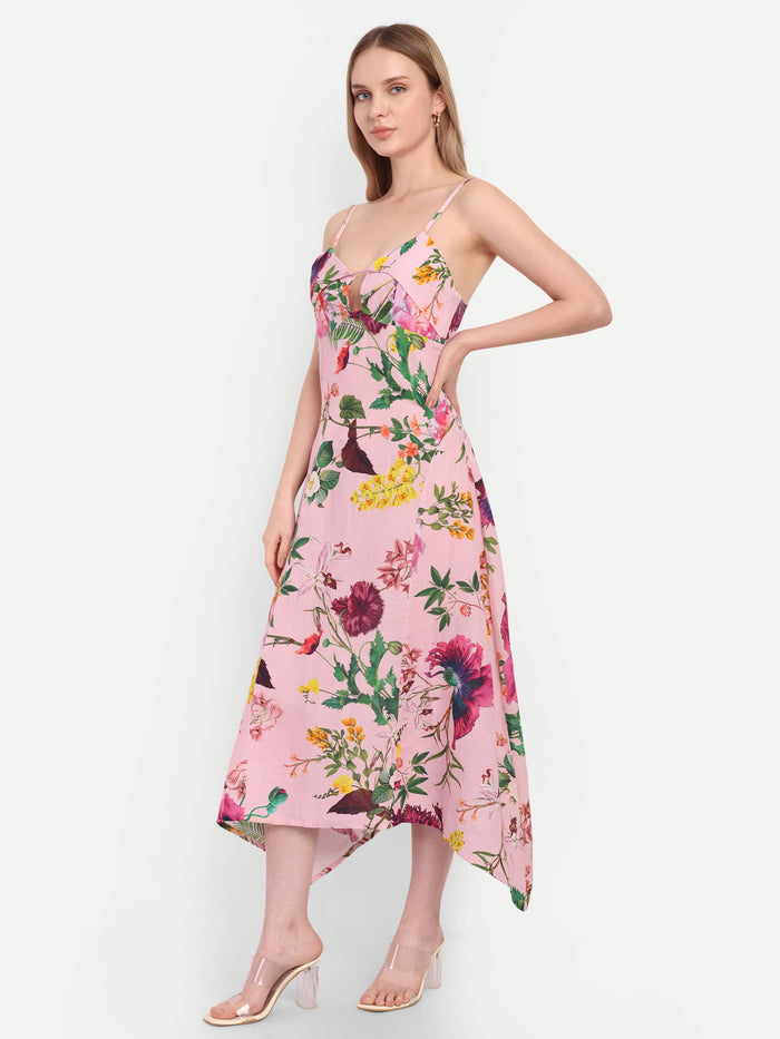 Luxury women’s pink floral Kuto midi dress with elegant flowy silhouette and premium design