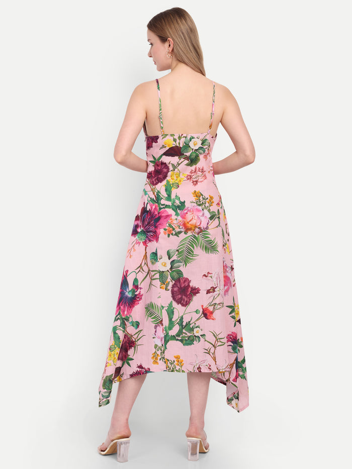 Luxury women’s pink floral Kuto midi dress with elegant flowy silhouette and premium design