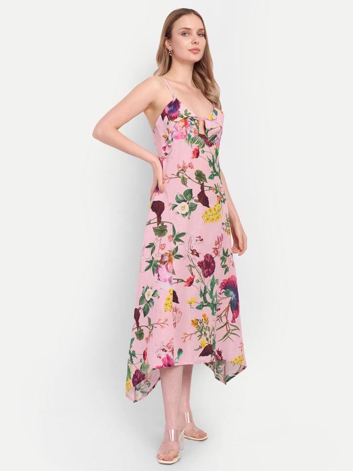 Luxury women’s pink floral Kuto midi dress with elegant flowy silhouette and premium design