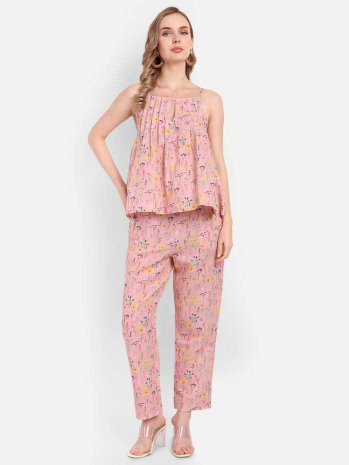 Women’s pink printed Lelo top CB set with sleeveless layered top and matching pants