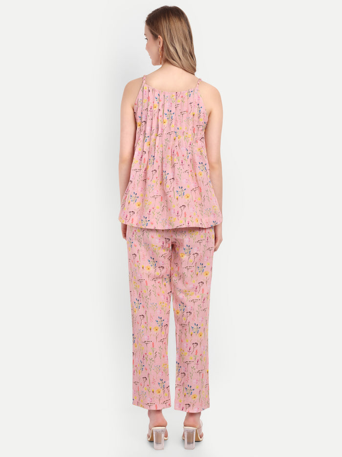 Women’s pink printed Lelo top CB set with sleeveless layered top and matching pants