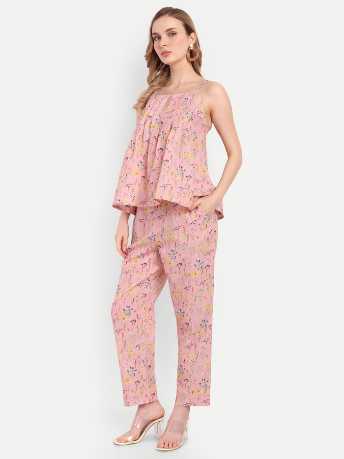Women’s pink printed Lelo top CB set with sleeveless layered top and matching pants