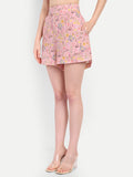 Women's pink floral print high-waist lelo shorts with flared hem and comfortable fit