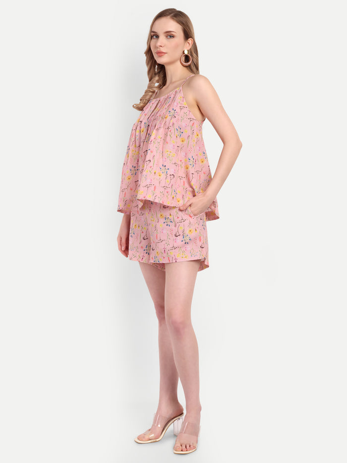 Women's pink floral print high-waist lelo shorts with flared hem and comfortable fit