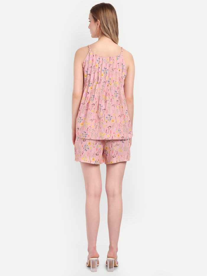 Women's pink floral print high-waist lelo shorts with flared hem and comfortable fit