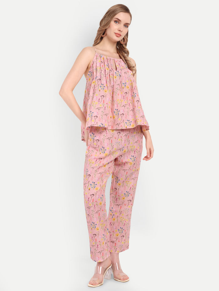 Women’s pink printed Lelo top CB set with sleeveless layered top and matching pants