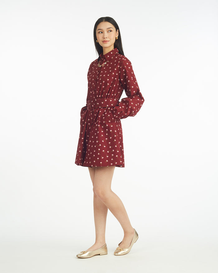 Lily Long-Sleeve Mini Dress in Burgundy Buds