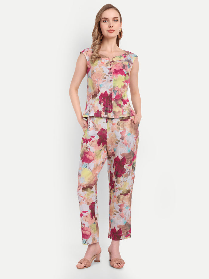 Luxury women’s multicolor Lino top with artistic print and elegant tailored fit