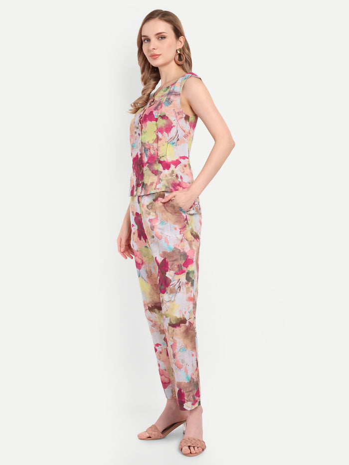 Luxury women’s multicolor Lino top with artistic print and elegant tailored fit