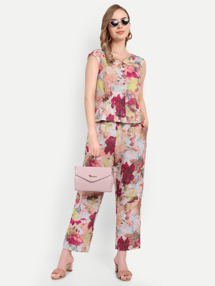 Luxury women’s multicolor Lino top with artistic print and elegant tailored fit