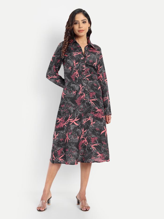 Women’s black printed Luna midi dress with long sleeves, button-down front and elegant fit