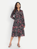 Women’s black printed Luna midi dress with long sleeves, button-down front and elegant fit