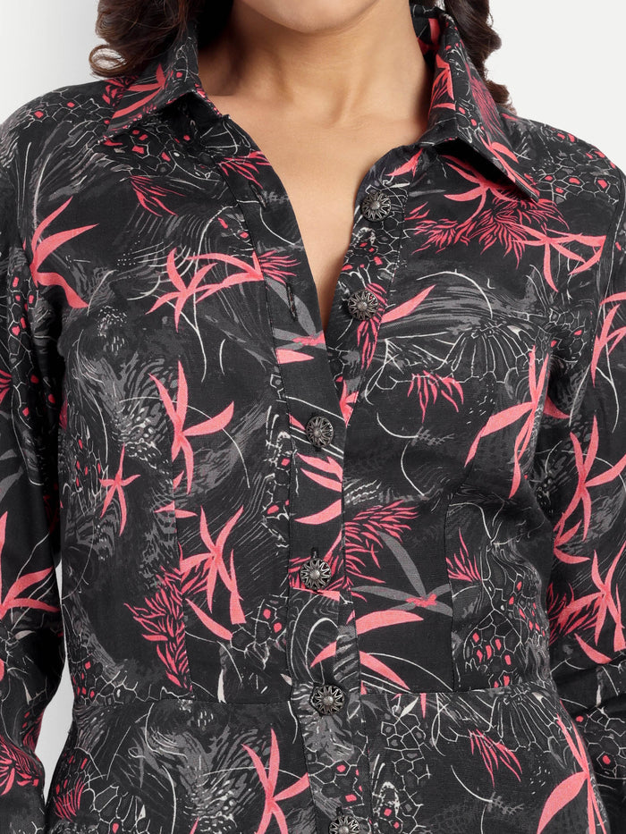 Women’s black printed Luna midi dress with long sleeves, button-down front and elegant fit