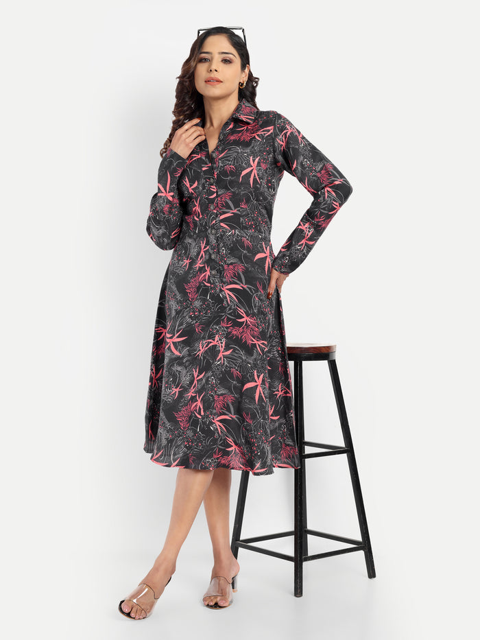 Women’s black printed Luna midi dress with long sleeves, button-down front and elegant fit