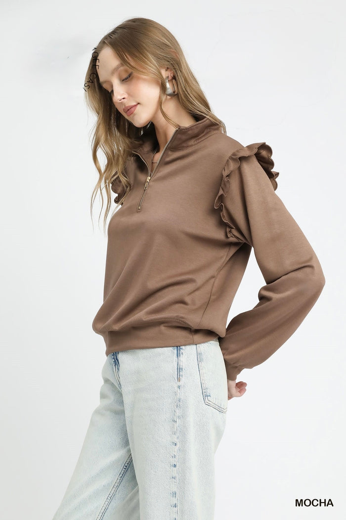 Luxeknit Ruffle Shoulder Quarter-Zip Pullover – Mocha