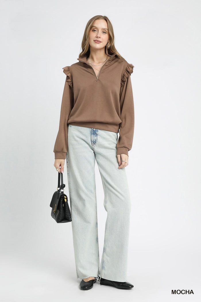 Luxeknit Ruffle Shoulder Quarter-Zip Pullover – Mocha