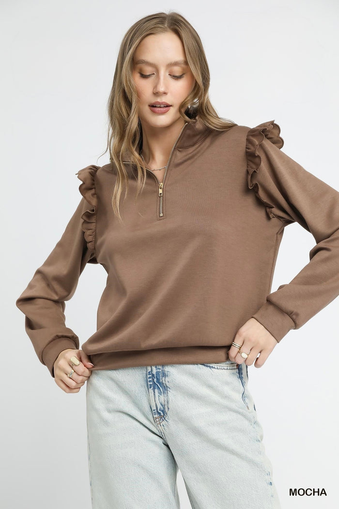 Luxeknit Ruffle Shoulder Quarter-Zip Pullover – Mocha