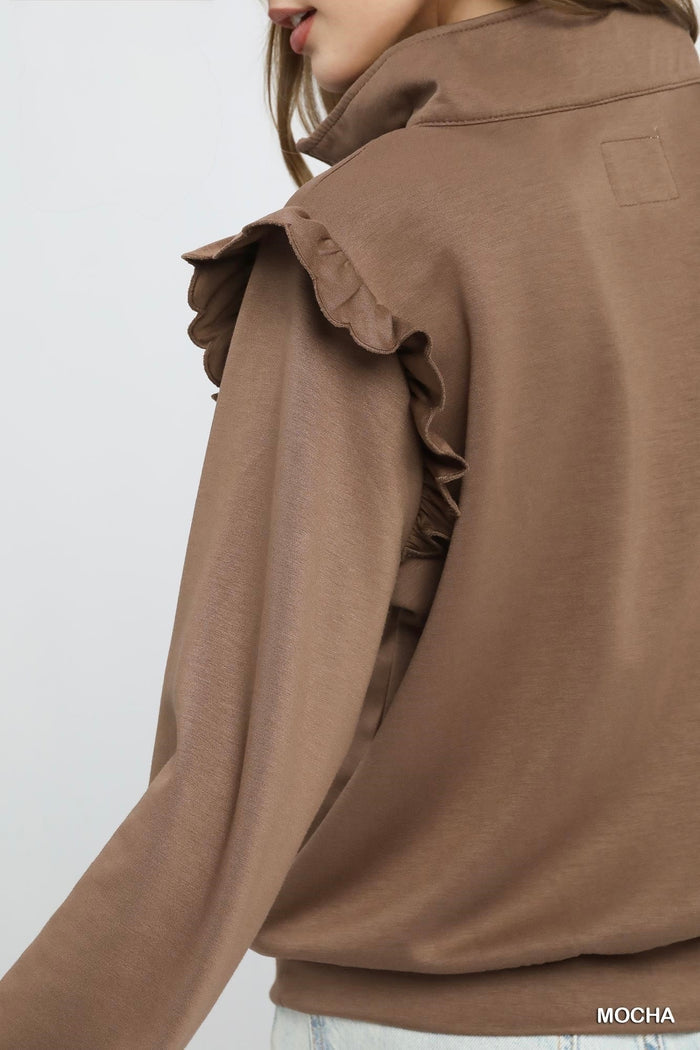 Luxeknit Ruffle Shoulder Quarter-Zip Pullover – Mocha
