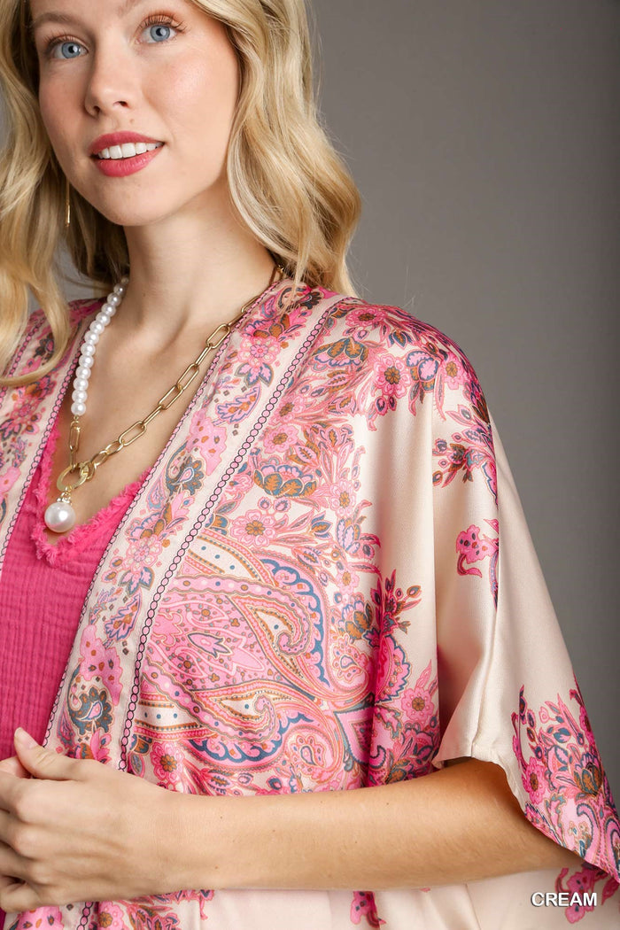 Luxurious Paisley Satin Open Front Kimono