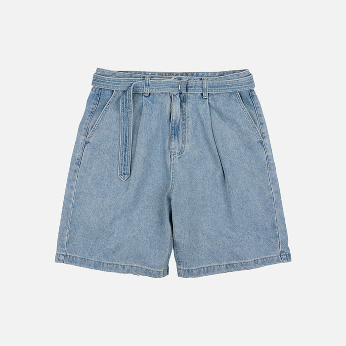 LYOCELL BELTED DENIM SHORTS - LIGHT BLUE