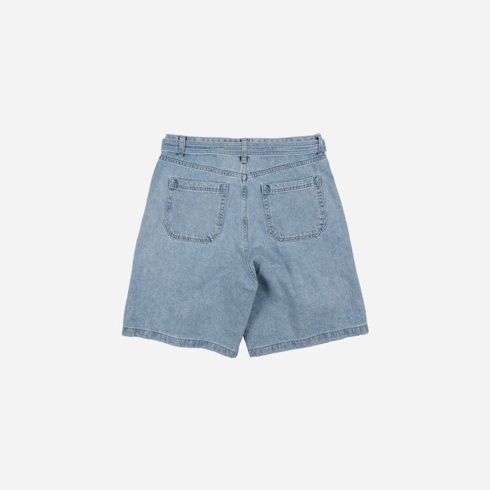 LYOCELL BELTED DENIM SHORTS - LIGHT BLUE