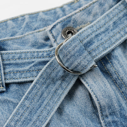 LYOCELL BELTED DENIM SHORTS - LIGHT BLUE