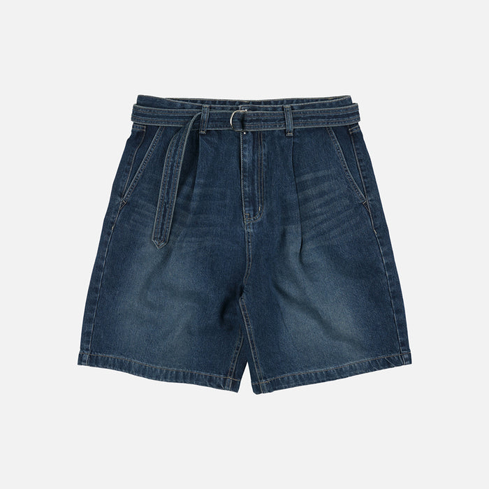 LYOCELL BELTED DENIM SHORTS - MID BLUE