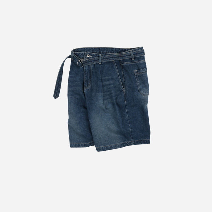 LYOCELL BELTED DENIM SHORTS - MID BLUE