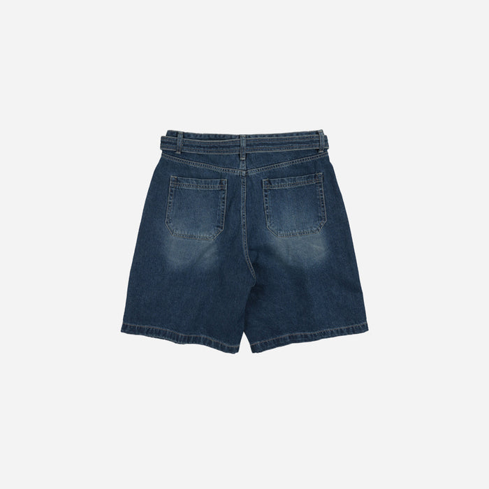 LYOCELL BELTED DENIM SHORTS - MID BLUE