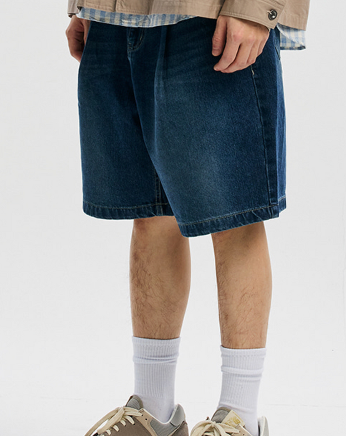 LYOCELL BELTED DENIM SHORTS - MID BLUE