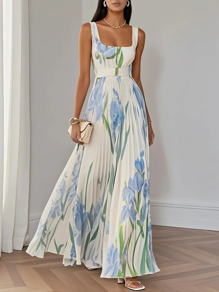 Marie | White Pleated Floral Chiffon Maxi Dress