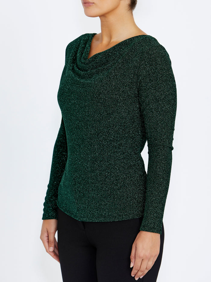 Women's Lurex Knit Cowl Neck Top in Green | Melody