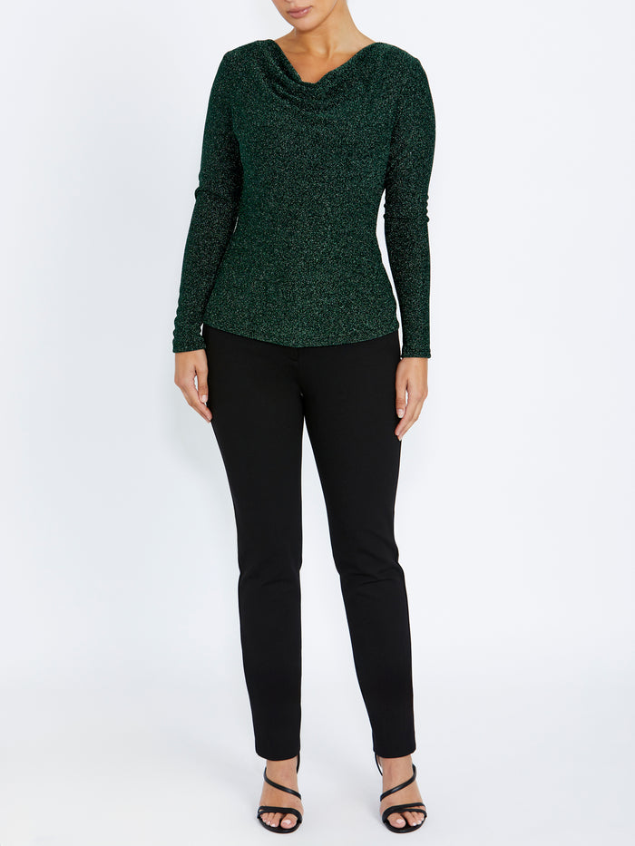 Women's Lurex Knit Cowl Neck Top in Green | Melody