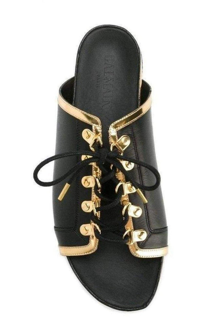 Balmain Black Gold Lace up Sliders Men Leather Sandals - Runway Catalog