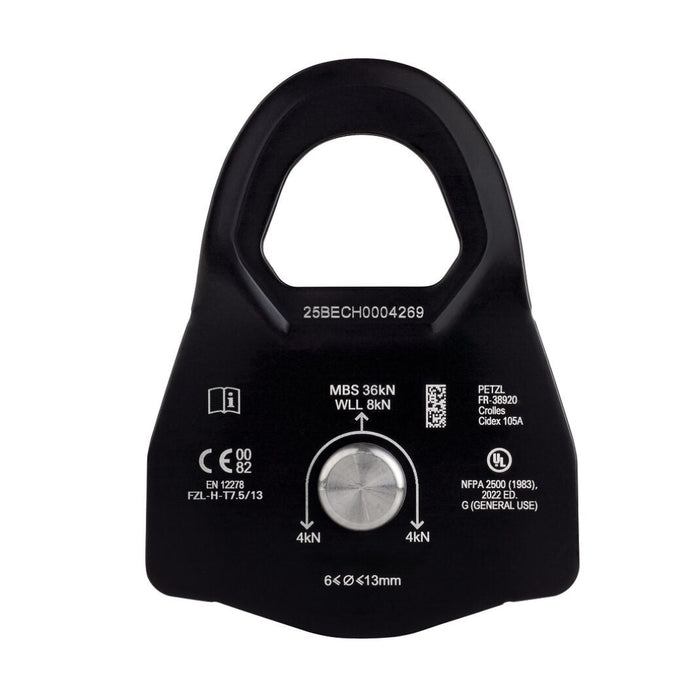 Black pulley system component with technical specifications
