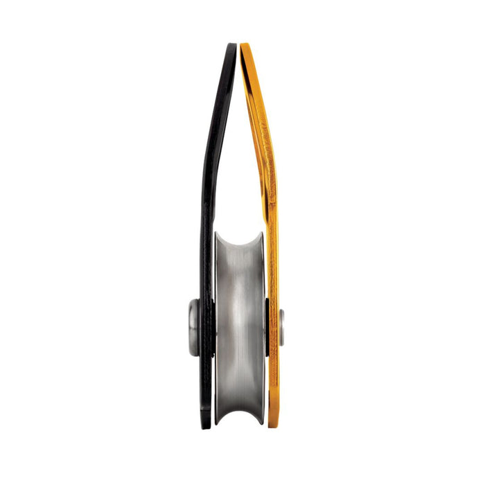 side view yellow black single pully belay device