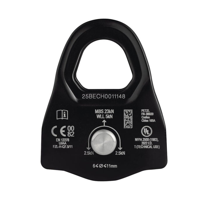 Black pulley system component with technical specifications