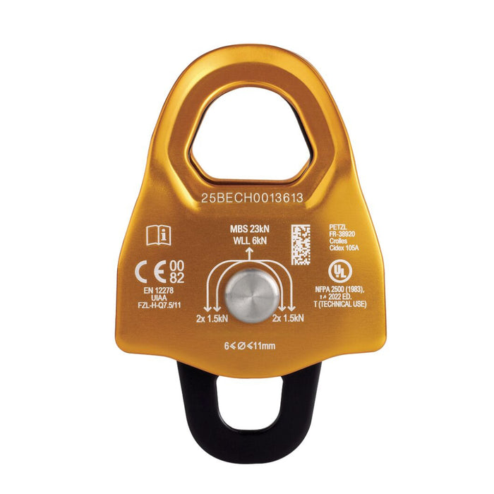Yellow pulley system component with black guide hook on a white background