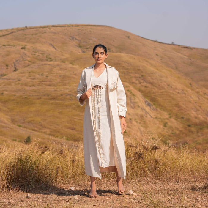 Beige Miraya Cotton Dress and Cotton Jacket Set - OurDve