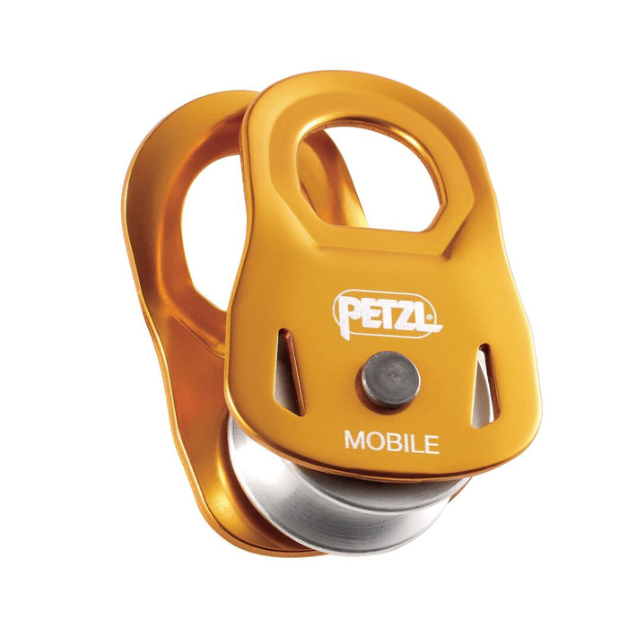 Yellow climbing pulley with 'Petzl' branding on a white background