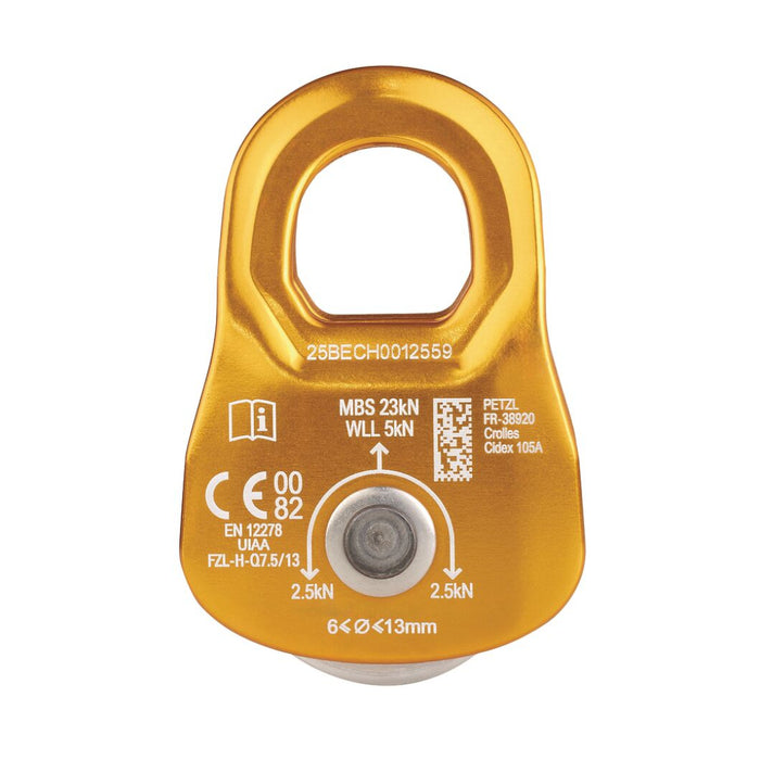 Yellow pulley system component with technical specifications on a white background