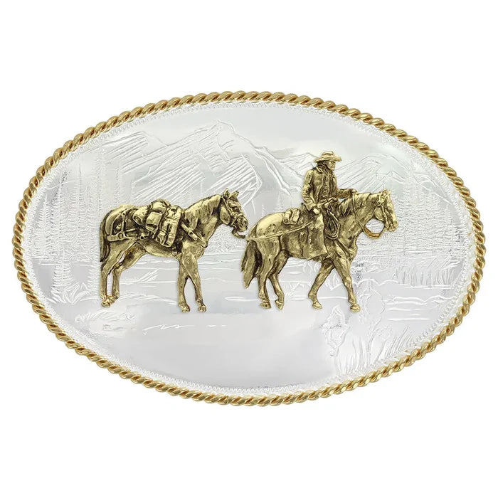 Montana Silversmith Etched Mountains Western Belt Buckle with Pack Horse and Rider