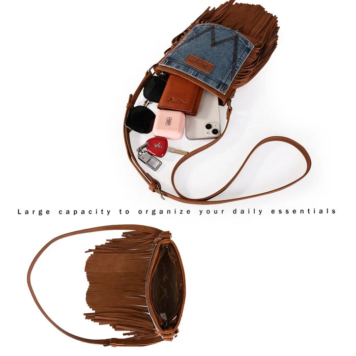Montana West Wrangler Leather Fringe Jean Denim Pocket Crossbody