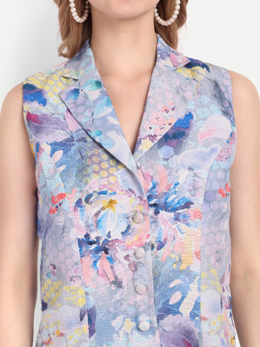 Women’s blue printed Natili sleeveless jacket with tailored fit and stylish design