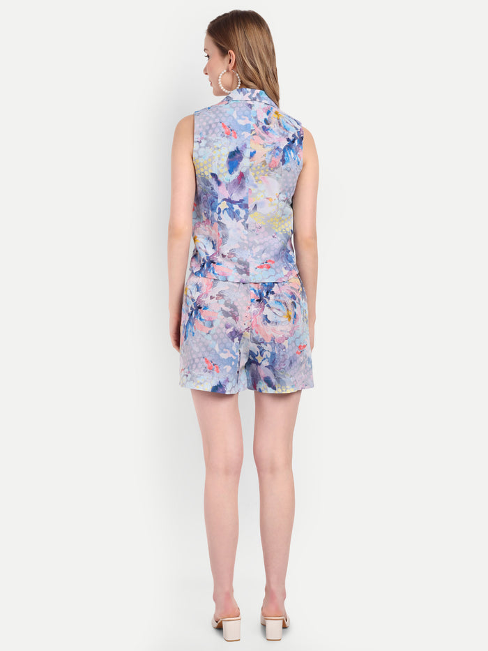 Women’s blue printed Natili jacket CB set with sleeveless jacket and matching shorts