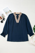 Navy Contrast Leopard Patchwork Collar Flounce Sleeve Blouse – Plus Size