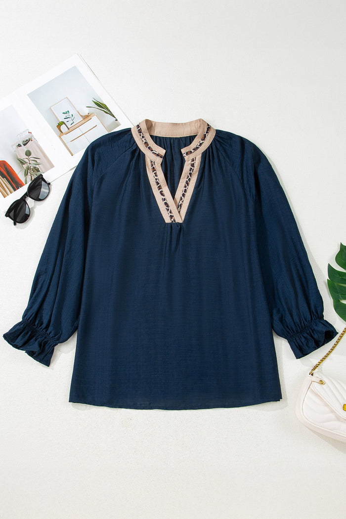 Navy Contrast Leopard Patchwork Collar Flounce Sleeve Blouse – Plus Size