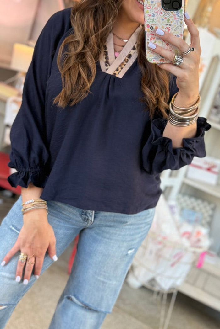 Navy Contrast Leopard Patchwork Collar Flounce Sleeve Blouse – Plus Size