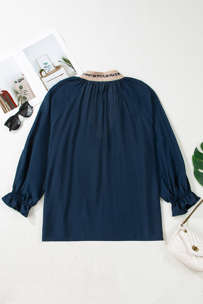 Navy Contrast Leopard Patchwork Collar Flounce Sleeve Blouse – Plus Size